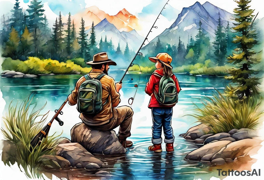 Father and young son and daughter fishing from the bank with trees and wilderness surrounding them. tattoo idea