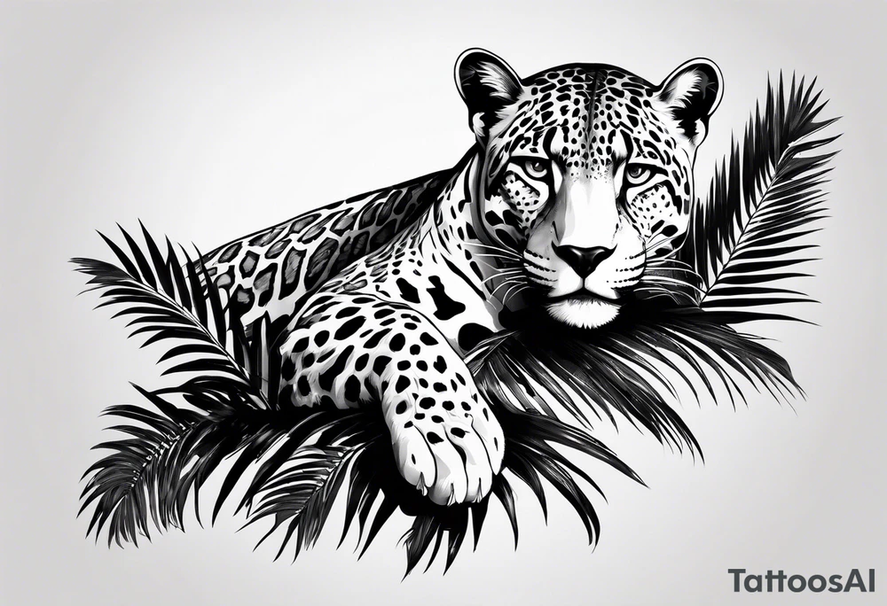 jaguar laying on palm tree tattoo idea