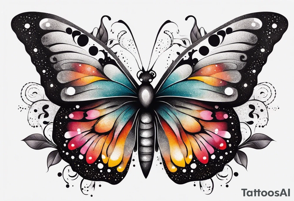 A vibrant butterfly with colorful wings, resting on a flower, showcasing transformation and beauty.” tattoo idea