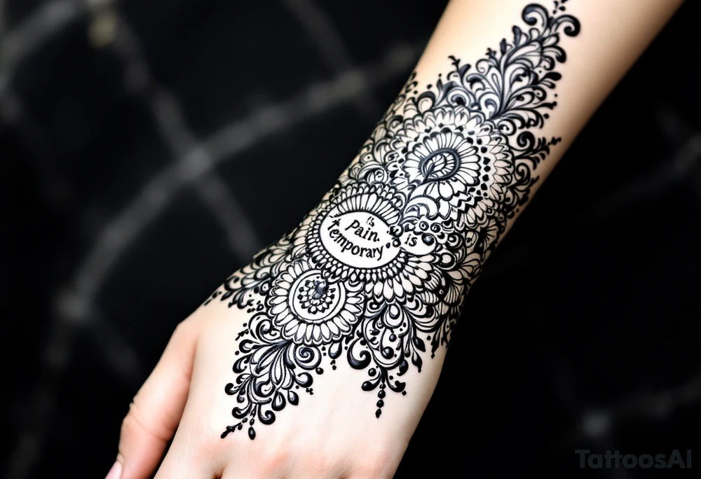 Indian style Henna tattoo for the inner wrist including word pain is temporary. tattoo idea