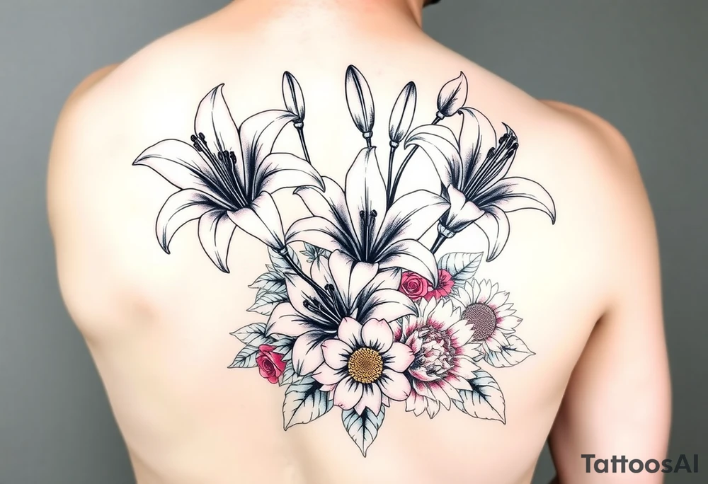 Arm sleeve 6 fully bloomed, stargazer lilies with 2 budded lilys pink red and yellow roses hydrangea and sunflowers filling area around lilys tattoo idea