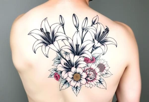 Arm sleeve 6 fully bloomed, stargazer lilies with 2 budded lilys pink red and yellow roses hydrangea and sunflowers filling area around lilys tattoo idea