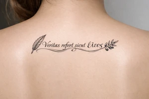Veritas refert sicut ἔλεος on mid right back with a delicate but clear quill at the beginning and an olive branch at the end and there should be Elegant curvature as a vibe tattoo idea