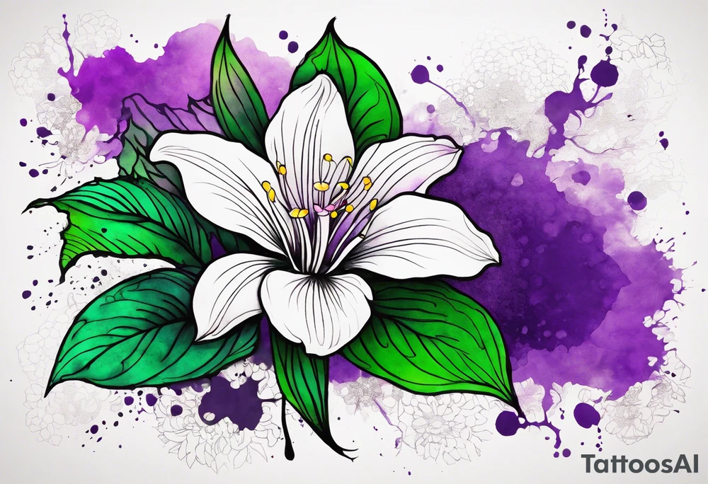 A mystical outline of a rio dipladenia flower and a green and purple watercolor splash in the background tattoo idea