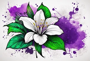 A mystical outline of a rio dipladenia flower and a green and purple watercolor splash in the background tattoo idea
