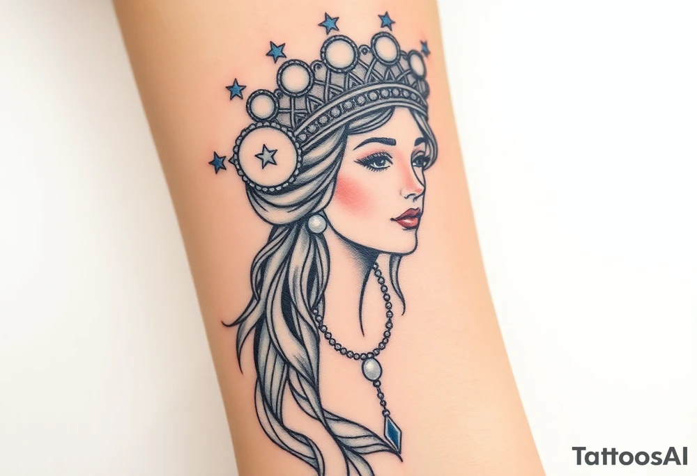 A regal Virgo queen with an intricate celestial headdress, adorned with silver moons, deep blue stars, and delicate pearls tattoo idea