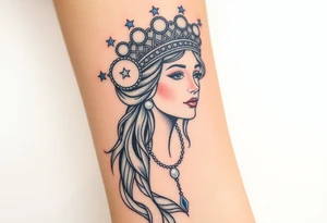 A regal Virgo queen with an intricate celestial headdress, adorned with silver moons, deep blue stars, and delicate pearls tattoo idea