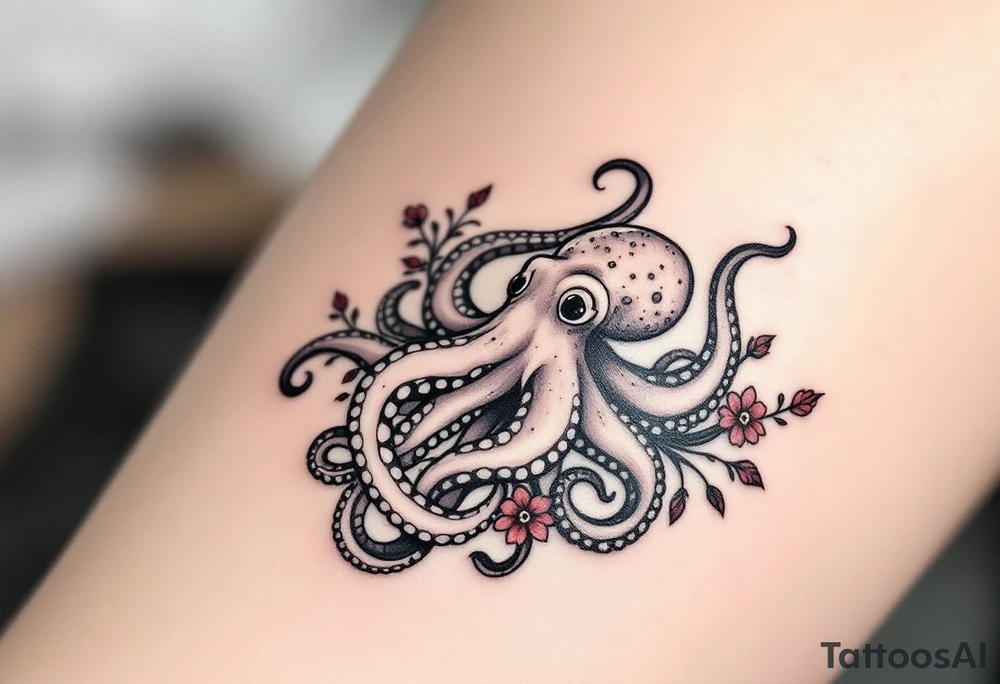A small realistic black and grey tattoo of an octopus, cute, with detailed shading and soft linework, showing the octopus with swirling tentacles, on light skin. ornamental flowers around with red ink. The style is minimalistic and elegant, resembling fine-line tattoo with a shadow tattoo idea