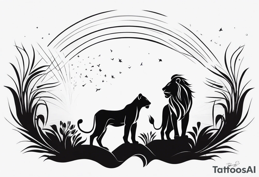 Minimalist black and white tattoo design for the calf featuring a lion, lioness, and lion cub. The lion faces upward towards the sky, looking in the opposite direction of the lioness. The lion cub is positioned below them, looking up. The design has a feminine touch with simple lines and elegant curves, focusing on the emotional connection between the three animals. tattoo idea