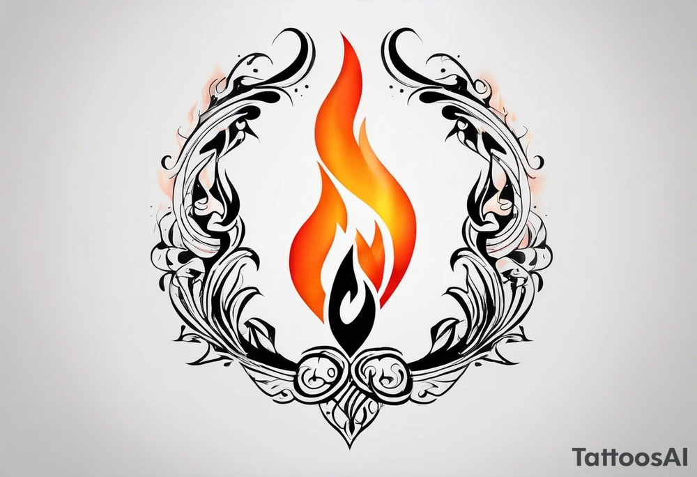 Twin flame symbol and fire. Make it small and minimalistic. Straight clean line border around the flame. Everything else black and white minus the twin flame fire. Flame is blue intertwined with orange/red. tattoo idea