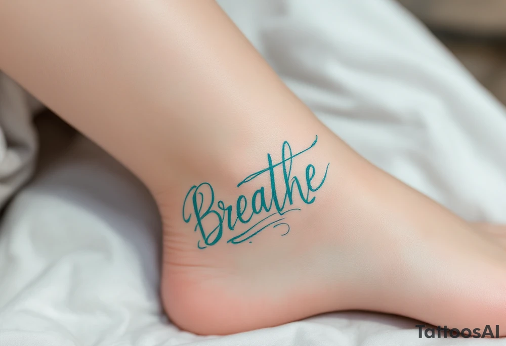 “Breathe” in soft teal brushstroke style, surrounded by minimalist wind lines in light gray. tattoo idea