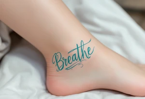 “Breathe” in soft teal brushstroke style, surrounded by minimalist wind lines in light gray. tattoo idea