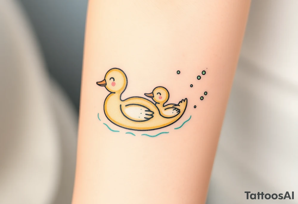 A mother and baby duck swimming together, leaving trails of tiny bubbles, in sea-green and sandy beige tones, representing lifelong guidance and patience tattoo idea