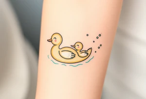 A mother and baby duck swimming together, leaving trails of tiny bubbles, in sea-green and sandy beige tones, representing lifelong guidance and patience tattoo idea