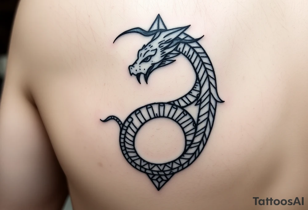Ouroborous or dragon/serpent/snake eating its own tail in a figure 8 in negative space with geometric patterns on a leg tattoo design tattoo idea