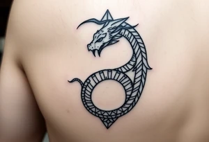 Ouroborous or dragon/serpent/snake eating its own tail in a figure 8 in negative space with geometric patterns on a leg tattoo design tattoo idea