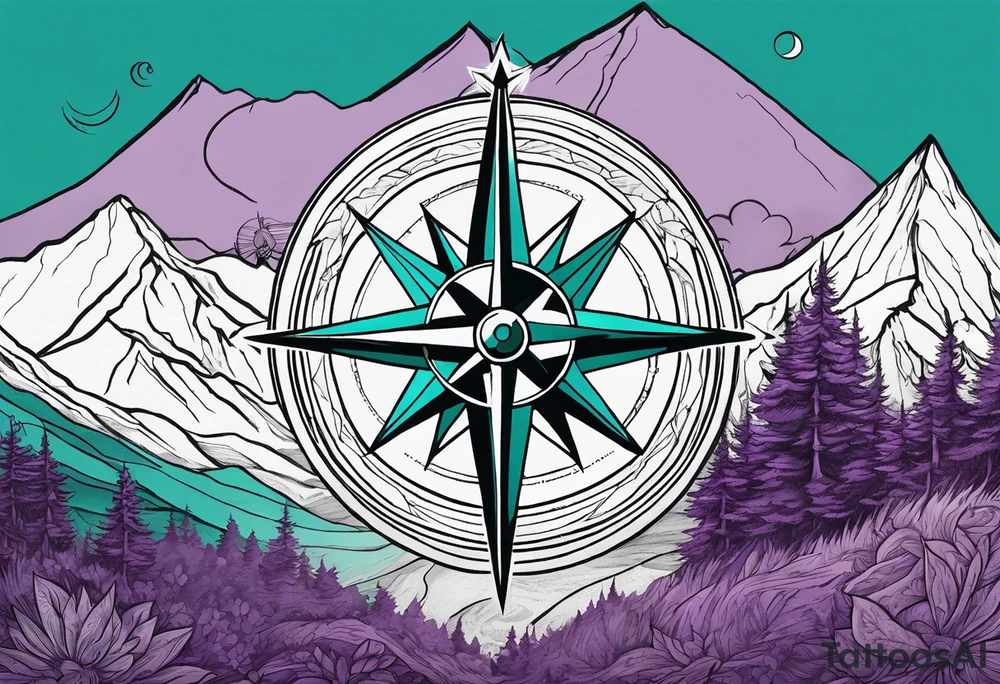 Mountain with a compass rose behind it. Teal and Purple design in front to match the album cover of A Day To Remember's album named Homesick tattoo idea