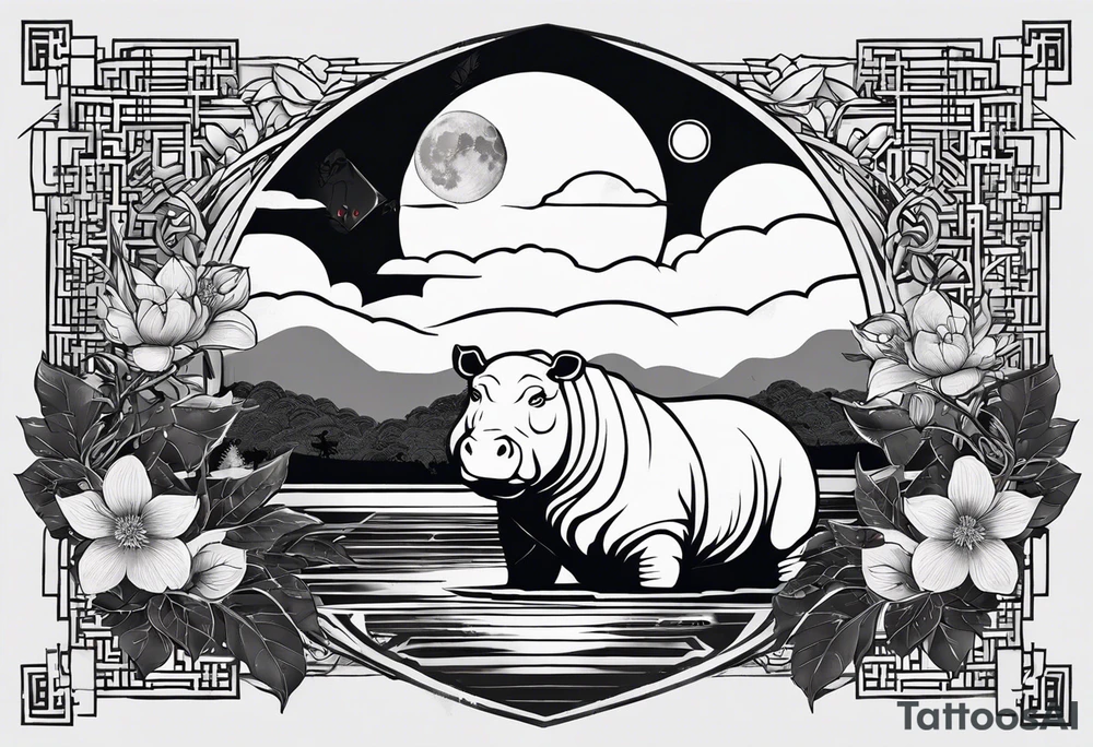 Very asymmetrical, +geometric pattern, with realistic full moon, with serious looking hippo, +zen feel, + Buddhism touch, +tribal, +geometric, +chinese inkart 
with wintersweet flower bud, +portrait orientation, +inkart touch, tattoo idea