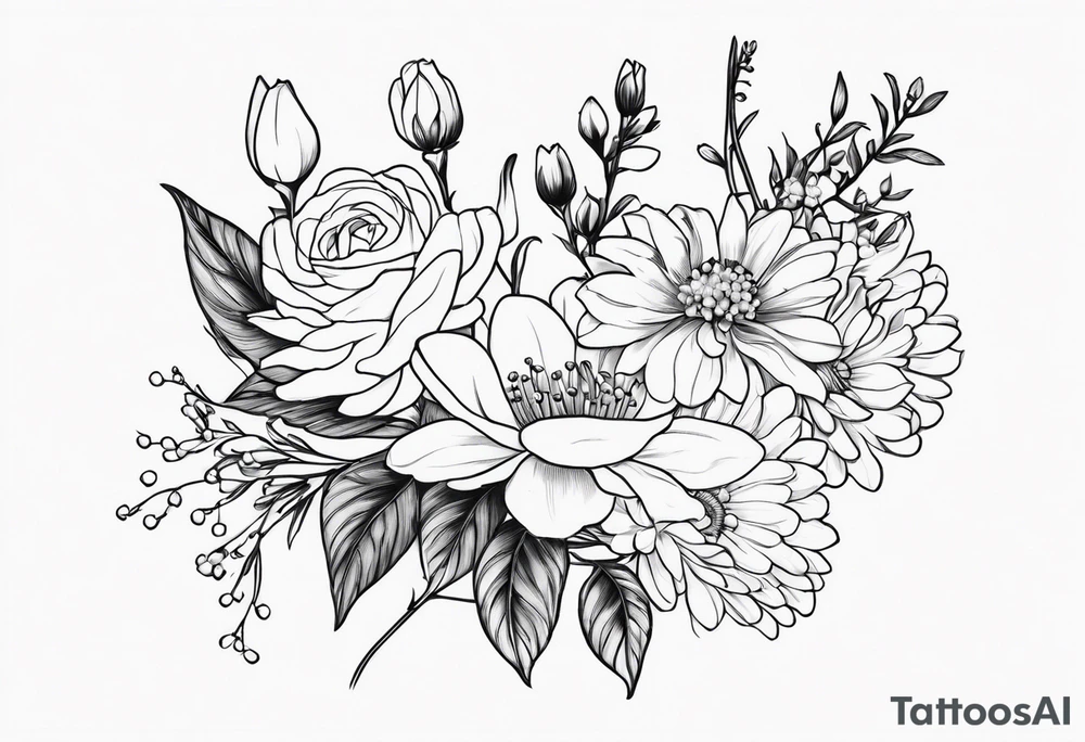Asters, roses, lily of the valley, and chrysanthemums in a long line tattoo idea