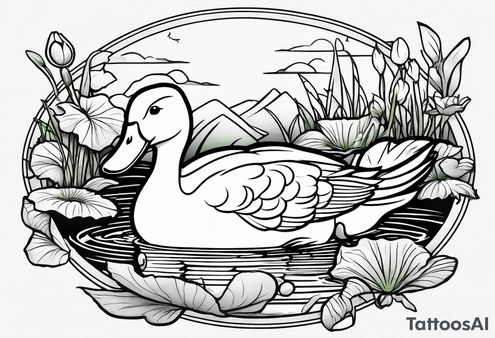 A white Duck a green toad and a moth playing together in a pond tattoo idea