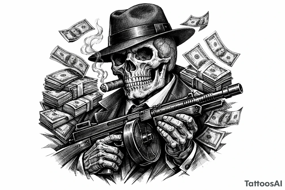 skull with cigar in his mouth,mafia-hat,machine-gun in his hands,surrounded by money. tattoo idea