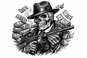 skull with cigar in his mouth,mafia-hat,machine-gun in his hands,surrounded by money. tattoo idea