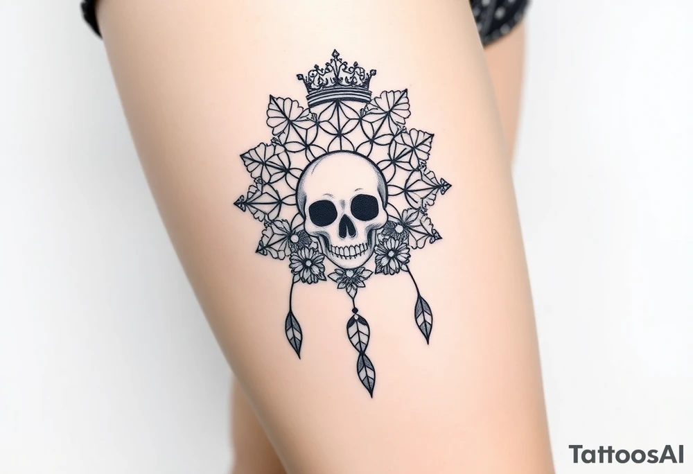 Mandala dream catcher lace with delicate skull and flowers wearing elegant crown tattoo idea