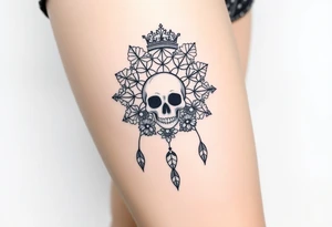 Mandala dream catcher lace with delicate skull and flowers wearing elegant crown tattoo idea