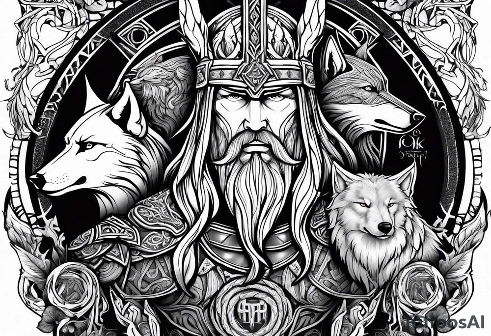 Thor Odin Loki with runes wolves and ravens tattoo idea