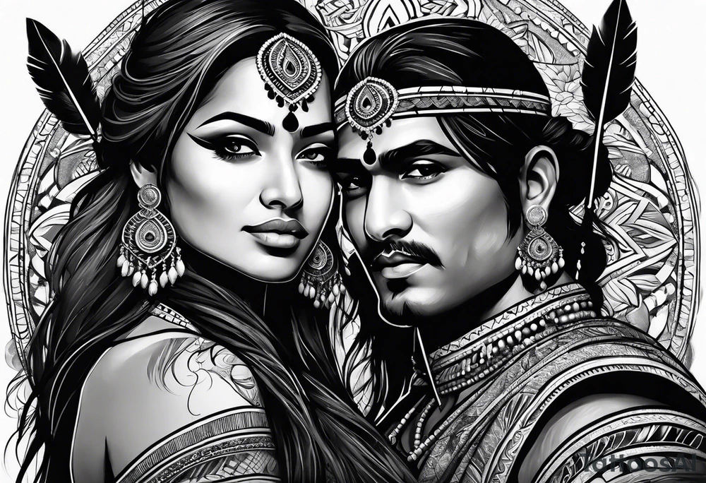 tribal indian couple with bow and arrows tattoo idea