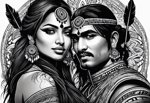 tribal indian couple with bow and arrows tattoo idea