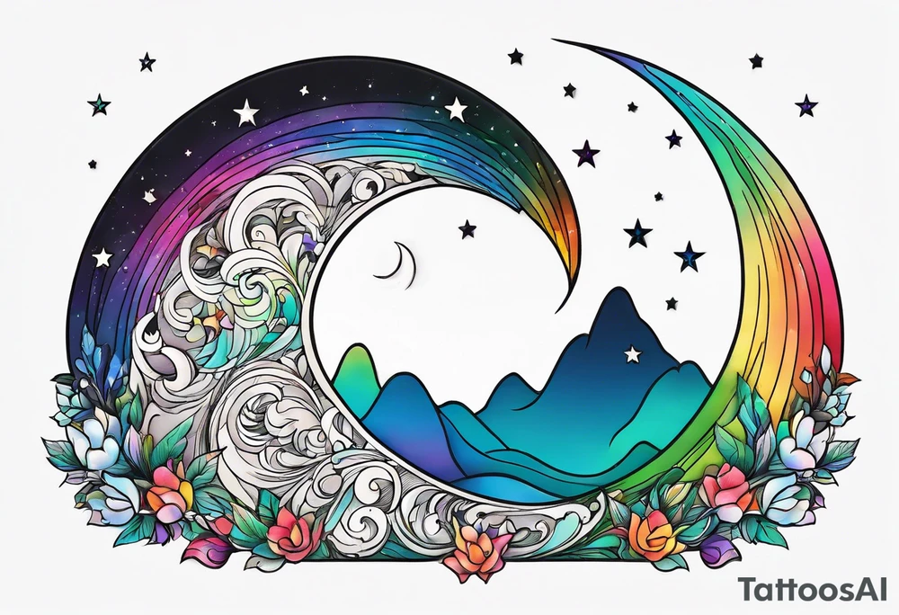Small crescent moon with a rainbow tattoo idea