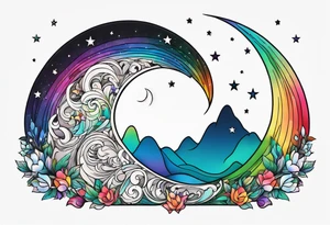 Small crescent moon with a rainbow tattoo idea