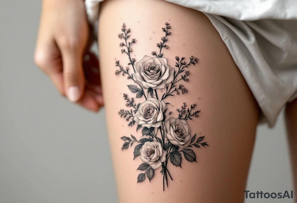 vintage bouquet of wild roses and meadow flowers with morning dew tattoo idea