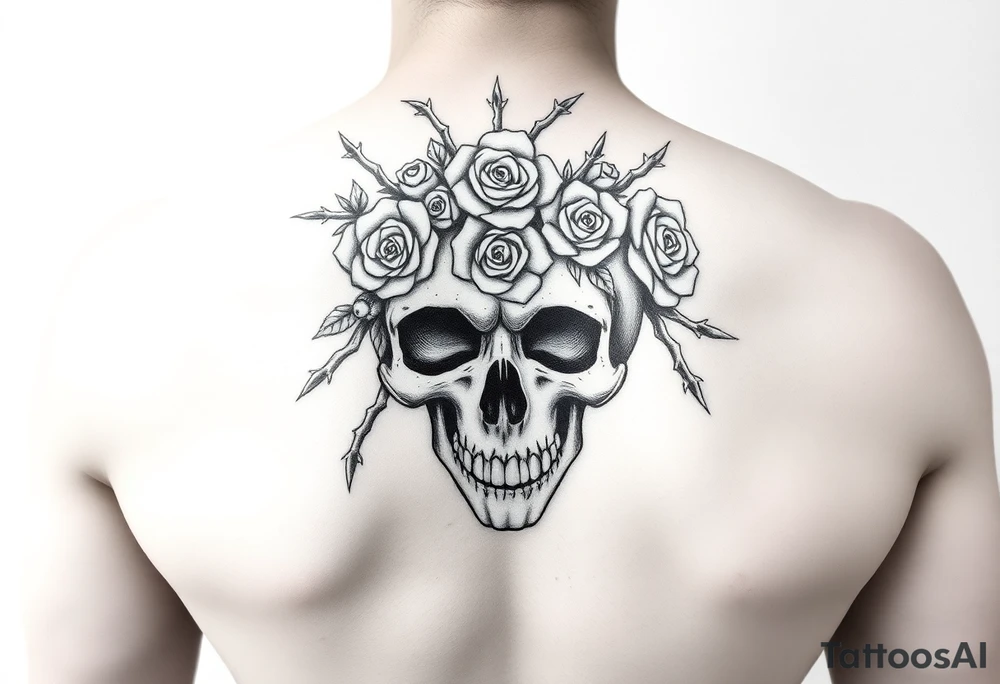 ornate skull adorned with crown of wild roses and thorns tattoo idea