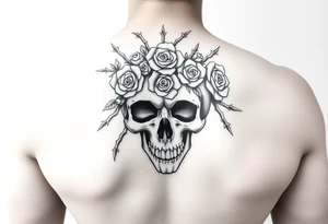 ornate skull adorned with crown of wild roses and thorns tattoo idea