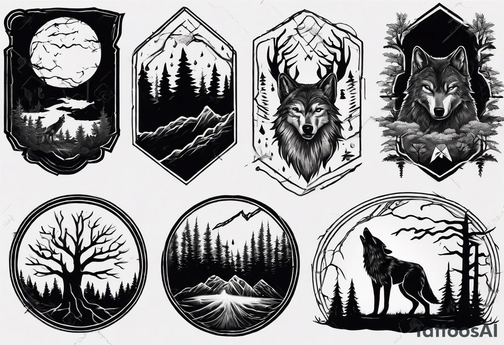 a thunder and lightning storm over a forest with a distant wolf howling and a drums tattoo idea a thunder and lightning storm over a forest with a distant wolf howling and a drums tattoo idea