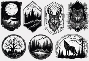 a thunder and lightning storm over a forest with a distant wolf howling and a drums tattoo idea