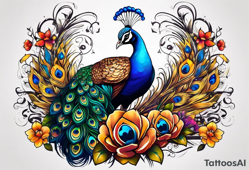 Peacock surrounded by music tattoo idea