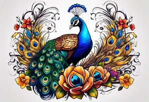 Peacock surrounded by music tattoo idea
