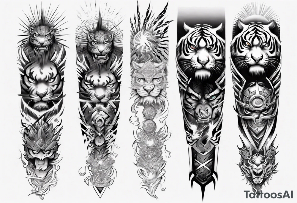 Tiger Warrior sleeve tattoo with lightning and the sun
Forearm sleeve tattoo idea