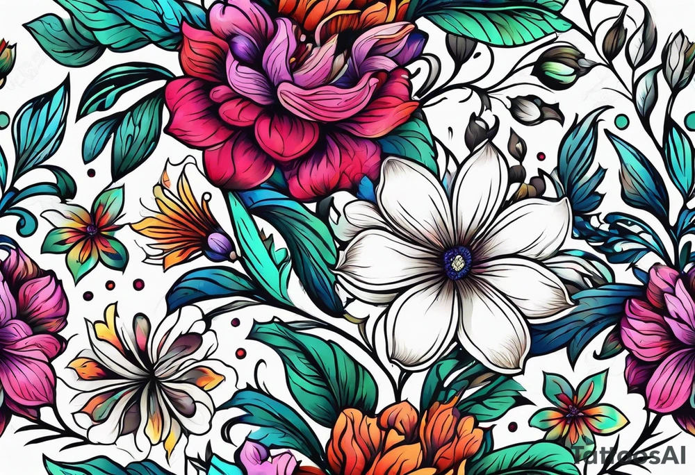 FLORAL PATTERN, SEEMLESS, BRIGHT, NEONS, COLORFUL tattoo idea