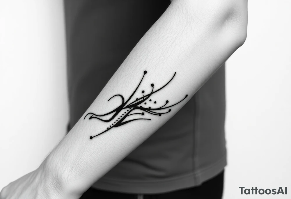 Abstract black line tattoo for a male, inner forearm and elbow area.
Broken, segmented flowing lines, sharp turns, mechanical rhythm, subtle dot accents.
Not delicate, not ornamental, technical and controlled motion.
Black ink only, no shading, photo-accurate tattoo design. tattoo idea