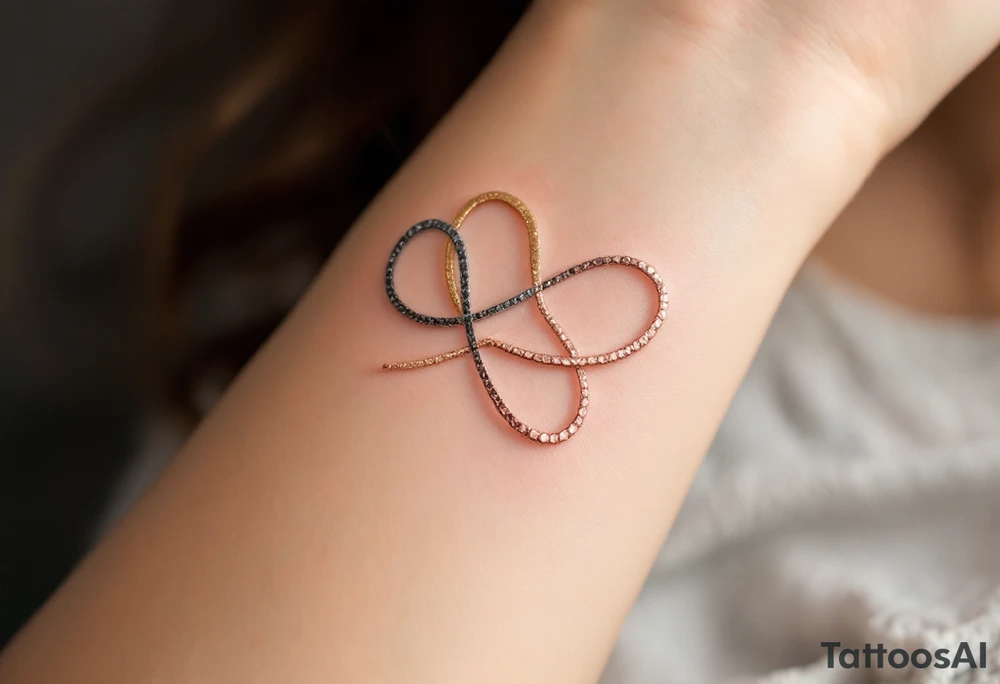 Three intertwined infinity symbols in gold, silver, and rose gold, symbolizing eternal love and unity. tattoo idea