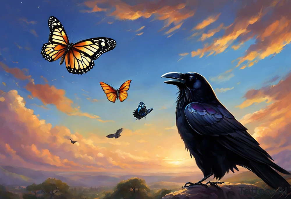 A butterfly flies towards the sky. Below the butterfly, a raven flies towards the sky. 
The butterfly and the raven are the same size
In the background is the name Malia.
In the background is the name SKF.
The number 89 can be seen in the background.
There is also a scorpion in the wing of the butterfly.
This tattoo is black and white and on the arm. tattoo idea