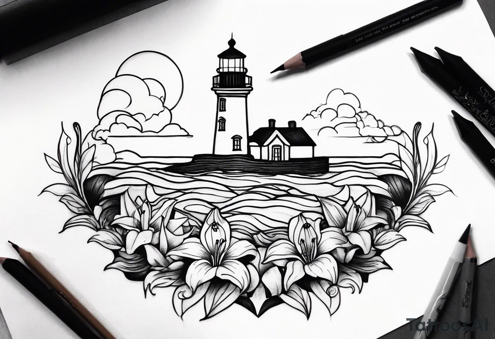 A light house with a contour lily at the bottom tattoo idea A light house with a contour lily at the bottom tattoo idea