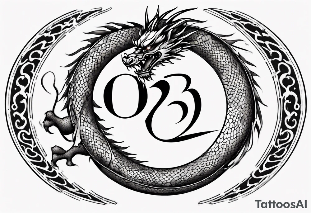 Chinese dragon in a circular shape with "02.03" written on its skin tattoo idea