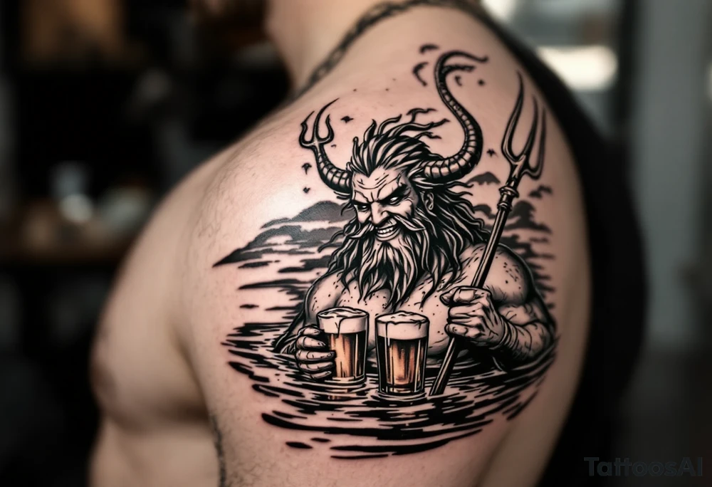 smiling poseidon, with a trident, in calm water, holding a beer tattoo idea