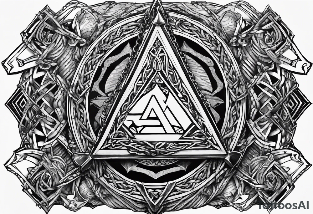 Valhalla sword shield  axe Valknut barbed wire chains tattoo idea