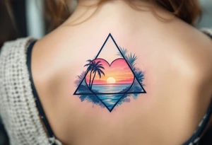 A triangle with a big heart in the center with an ocean palm tree theme tattoo idea